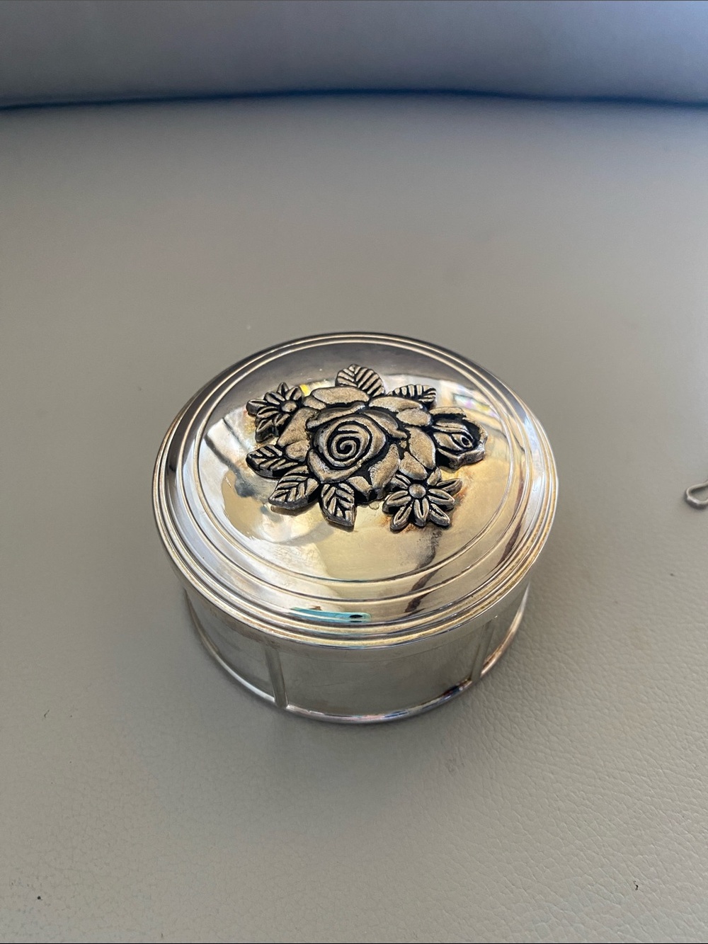 Vintage Silver Floral Round Trinket Box - Decorative Jewelry Storage 3” diameter